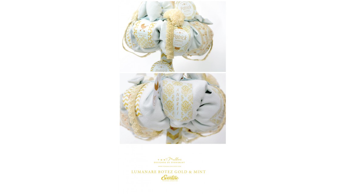 Lumanare botez gold cu verde menta pentru baieti, 65x4 cm, Gold & Mint 5